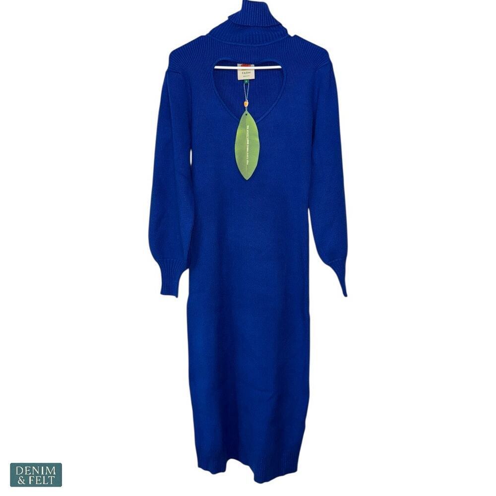 Farm Rio Bright Blue Ribbed Knit Heart Cutout‎ Turtleneck Sweater Midi Dress NEW - Picture 9 of 16